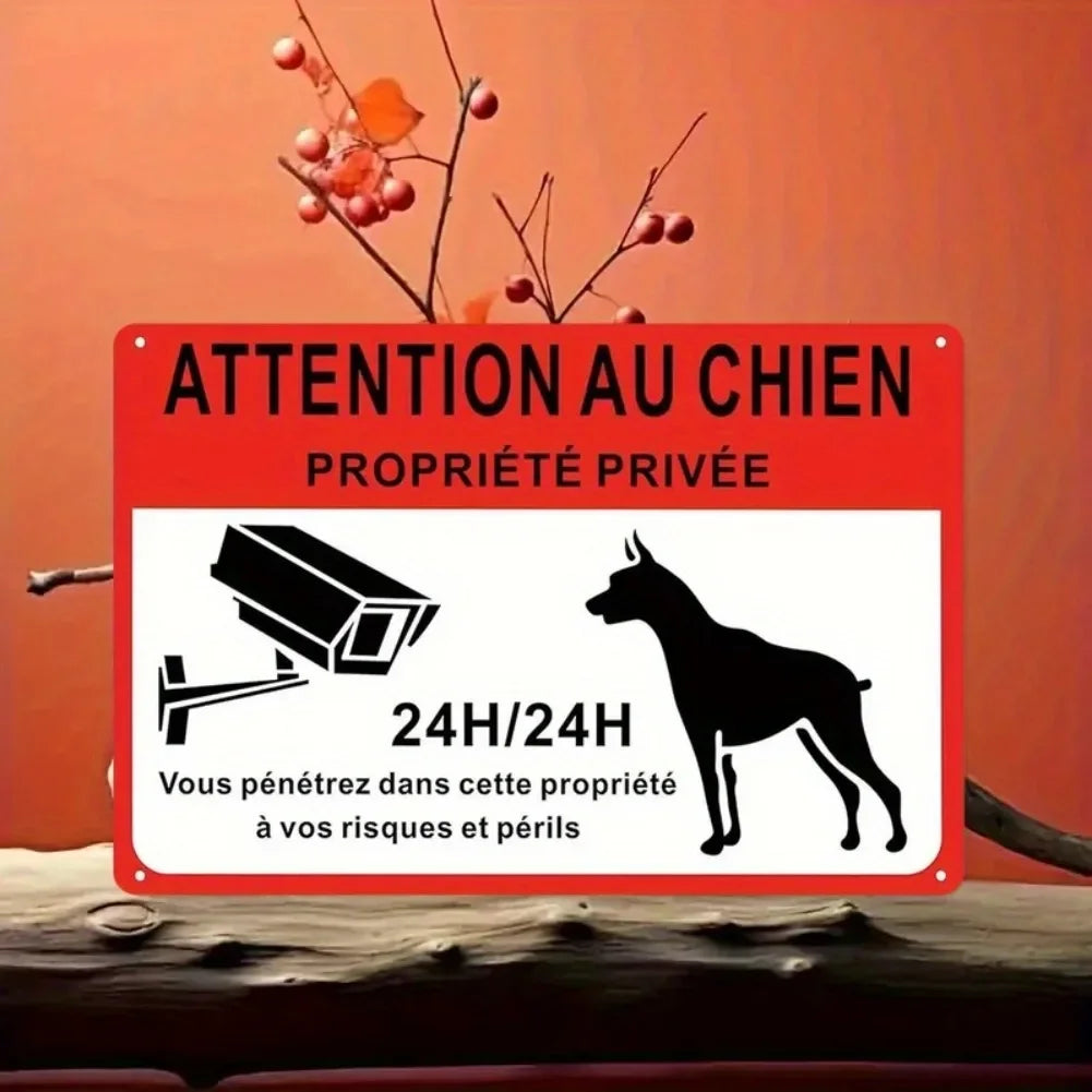 2D Flat - 1pc Vintage French "Attention Au Chien" Metal Sign, 8x12 Inches - Private Notice Board with Dog Silhouette
