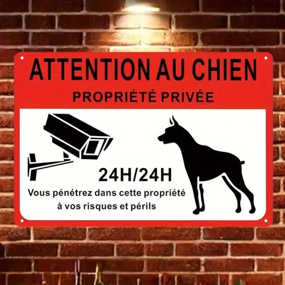 2D Flat - 1pc Vintage French "Attention Au Chien" Metal Sign, 8x12 Inches - Private Notice Board with Dog Silhouette
