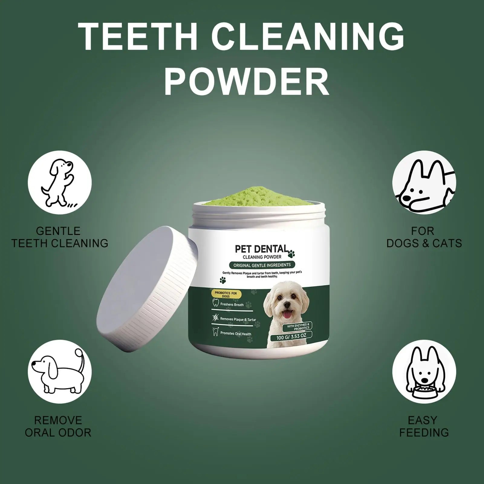Dog Tooth Powder Cleaning No Brushing Cleaner Pet Tooth Clean Powder for Dog for Puppy Kitten Small Large Breeds Daily Home
