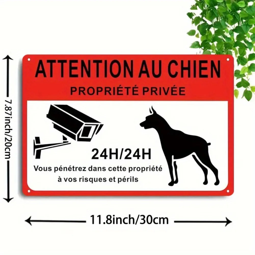 2D Flat - 1pc Vintage French "Attention Au Chien" Metal Sign, 8x12 Inches - Private Notice Board with Dog Silhouette