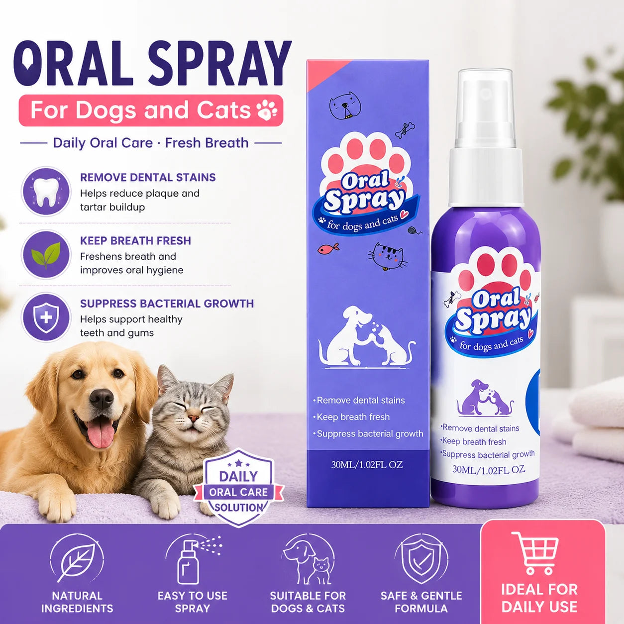 Pet Teeth Cleaning Spray Dogs Cats Teeth Clean Deodorant Prevent Calculus Remove Oral Care Remove Tooth Stains Keep Fresh Breath