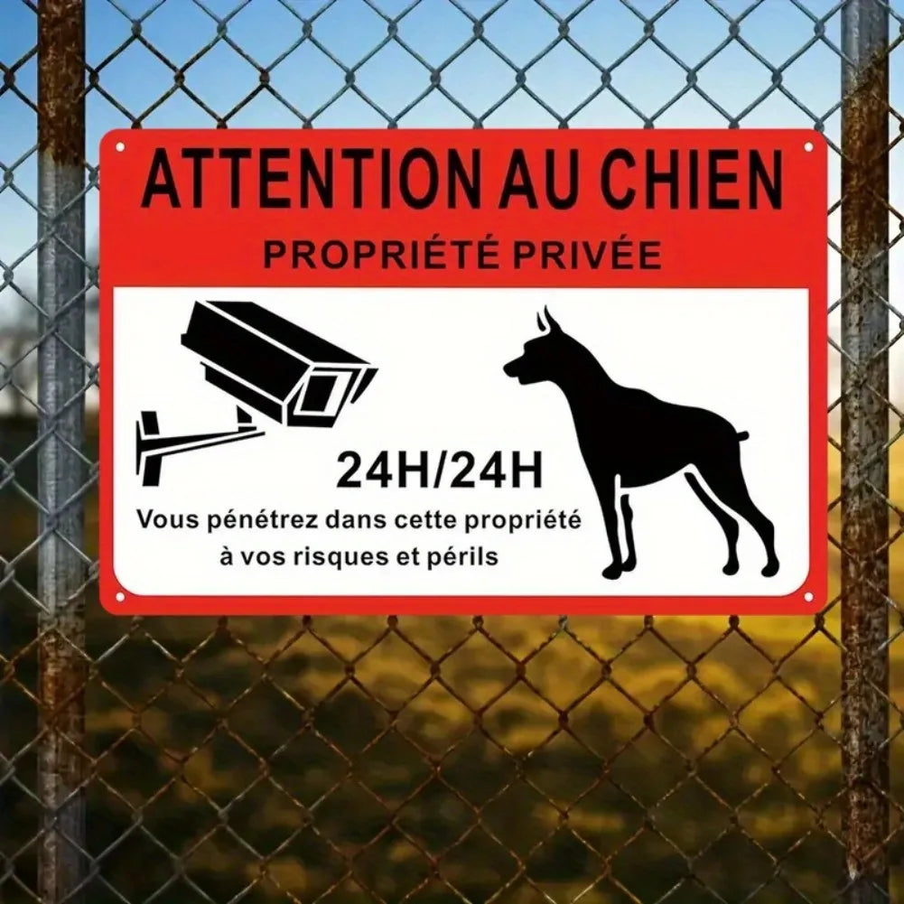 2D Flat - 1pc Vintage French "Attention Au Chien" Metal Sign, 8x12 Inches - Private Notice Board with Dog Silhouette