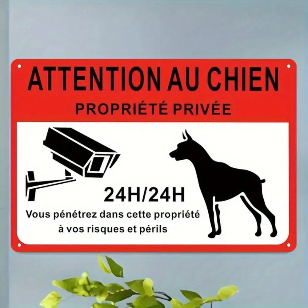 2D Flat - 1pc Vintage French "Attention Au Chien" Metal Sign, 8x12 Inches - Private Notice Board with Dog Silhouette